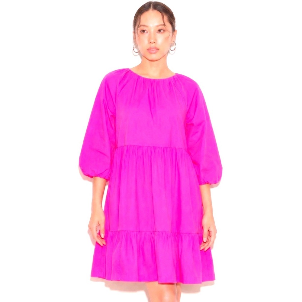 Chico's Tiered Babydoll Dress Womens 12 Pink Puff Sleeve Cotton Barbiecore